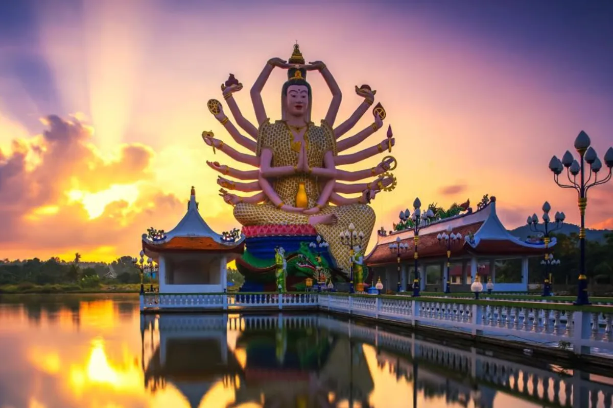 Wat Plai Laem temple at sunset on Koh Samui